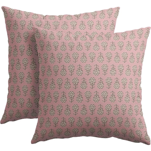 Vintage Pillow Covers 16x16 Inch Set of 2 Pink Floral Block Print Outdoor Decorative Throw Pillows Neutral Pattern Pillowcases Square Cushion Covers for Couch Home Decor