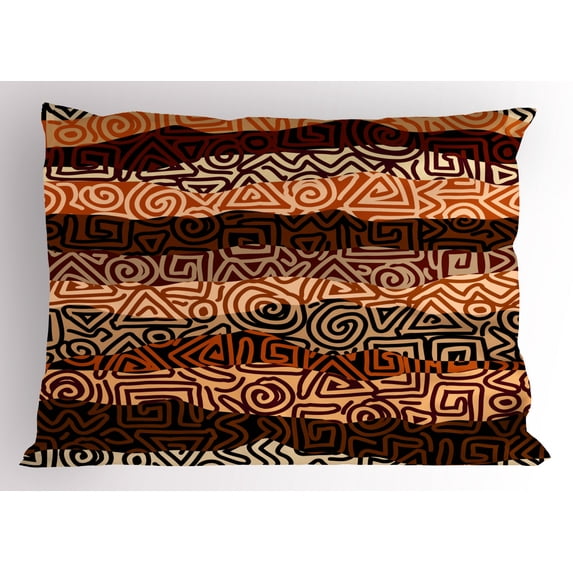 Vintage Pillow Sham Ethnic Strikes Pattern in Brown Colors Ancient Curved Spiral Lines African Figures, Decorative Standard Size Printed Pillowcase, 26 X 20 Inches, Multicolor, by Ambesonne
