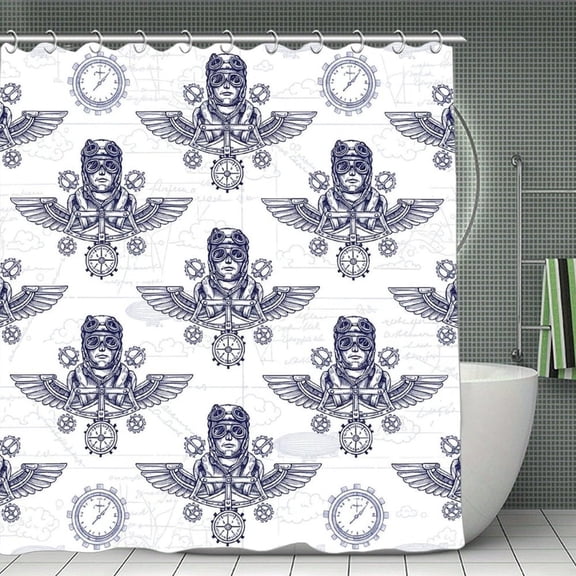 Vintage Pilot Blueprint Print Shower Curtain,Modern Fabric Waterproof Shower Curtain Set with Hooks 70.8×70.8Inch (180×180cm)