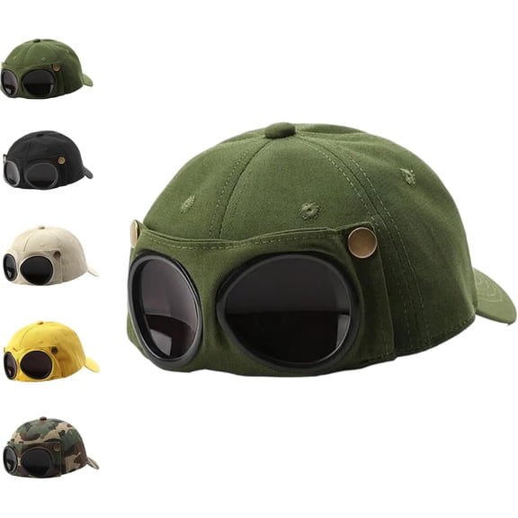 Vintage Pilot Goggle Baseball Cap with Built in Flip Up Sunglasses