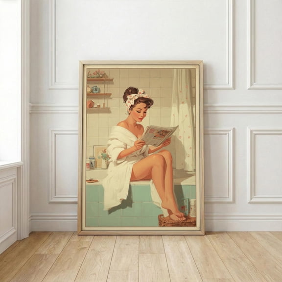 Vintage Pin Up Bathroom Art Print, Woman Reading Newspaper Poster, Funny Retro Toilet for 50s Spa & Guest Bath Interior Art , Poster Print Only