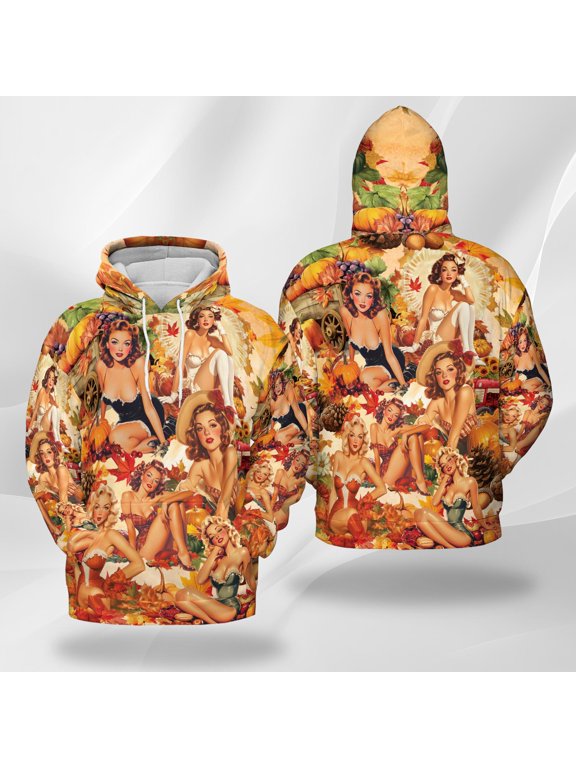 Vintage Pin Up Girl Thanksgiving Hoodie, Retro Fall Harvest Hoodie, Classic 1950s Style Autumn Women Print Hoodie, Pumpkin and Leaves Holiday Hoodie