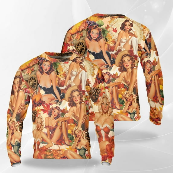Vintage Pin Up Girl Thanksgiving Sweatshirt, Retro Autumn Babe Sweater, Pumpkin Harvest Fall Aesthetic Outfit, 1950s Classic Art Sweatshirt