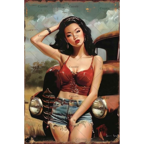 Vintage Pin Up Lady Metal Tin Sign, Sexy Car Wall Art Plaque for Bar, Man Cave or Garage, 8 x 12 Inch