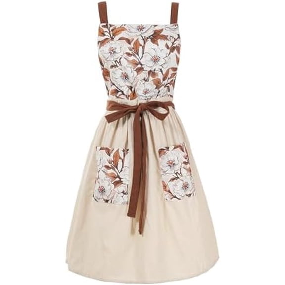 Vintage Pinafore Apron Dress for Women with Pockets Cute Floral Chef Aprons for Kitchen Cooking Baking Gardening Beige