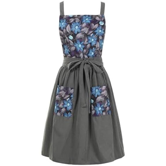 Vintage Pinafore Apron Dress for Women with Pockets Cute Floral Chef Aprons for Kitchen Cooking Baking Gardening Gray
