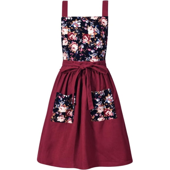 Vintage Pinafore Apron Dress for Women with Pockets Cute Floral Chef Aprons for Kitchen Cooking Baking Gardening