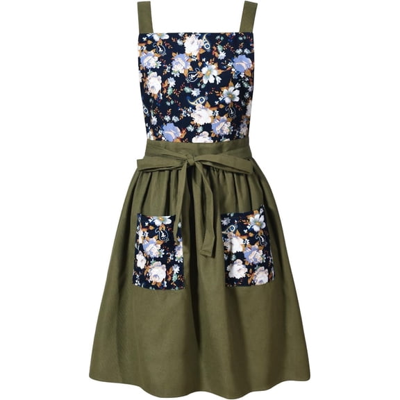 Vintage Pinafore Apron Dress for Women with Pockets Floral Chef Apron for Kitchen Cooking Baking Gardening Olive Green