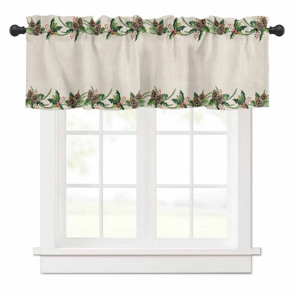 Vintage Pine Cone Valances for Windows Green Leaf Winter Plant Christmas Pastoral Rod Pocket Curtain Valance Window Treatment Short Curtains for Kitchen Living Room, 60"x14"