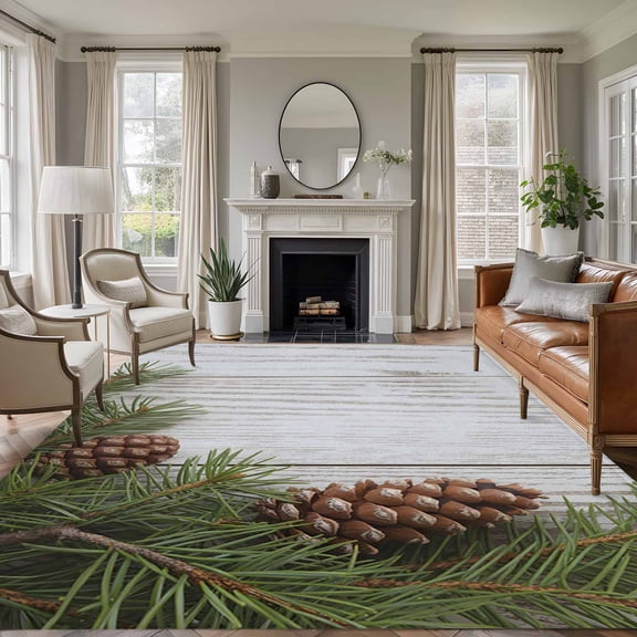 Vintage Pine Cones Area Rugs 5'x8', Washable Small Throw Rugs for Classroom Bedroom, Retro Botanical Watercolor Wooden Indoor Outdoor Rug Non-Slip Low Pile Carpet Runner Reversible Floor Mats