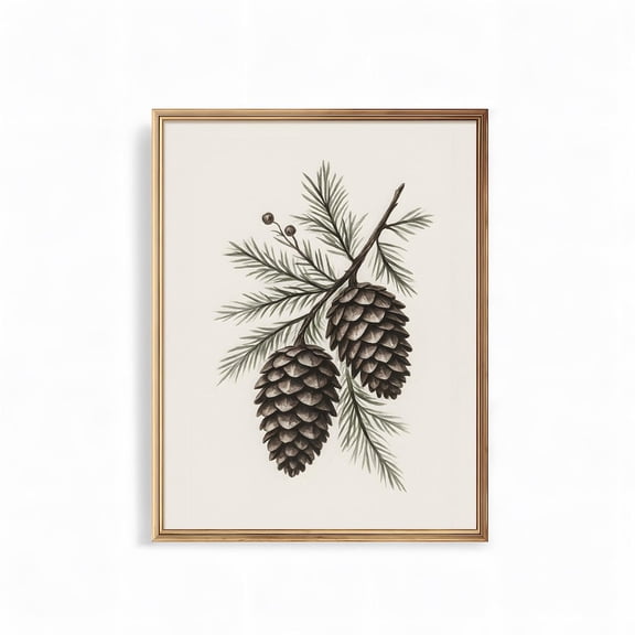 Vintage Pine Cones Art Poster, Botanical Winter Pine Branch, Rusticwall Decor, Unframed Poster Size 24x36