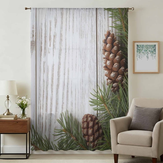 Vintage Pine Cones Sheer Curtains 54 Inches Long, Retro Botanical Watercolor Wooden Light Filering Curtains, Breathable Simi Curtain Privacy Drapes for Kitchen Bathroom Nursery Small Window Treatment