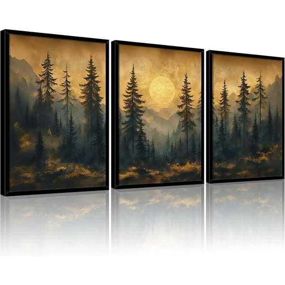 Vintage Pine Forest Wall Art Nature Landscape Full Moon Canvas Prints Woodland Picture Poster Misty Forest Paintings Wall decor for Living Room Bedroom(canvas only)