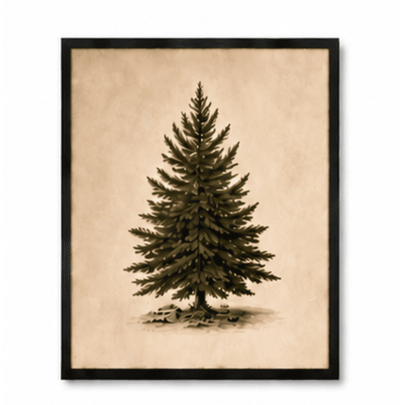 Vintage Pine Tree Canvas Wall Art, 8x10 Inch Ornate Black Framed Botanical Print, Antique Evergreen Tree Illustration, Neutral Farmhouse Wall Decor for Living Room Bedroom Office