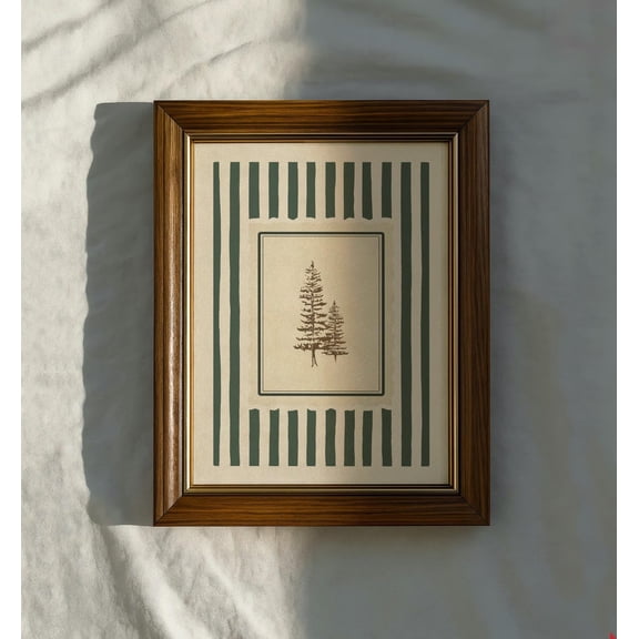 Vintage Pine Tree Green Stripe Wall Art, Unframed Canvas Size 8x12