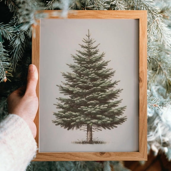 Vintage Pine Tree Wall Art Print, Rustic Christmas Sketch And Woodland Decor