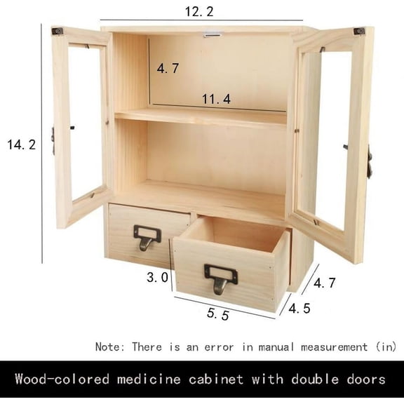 Vintage Pine Wood Medicine Cabinet - 12"L x 4.7"W x 14"H - Retro Countertop Storage with Glass Door and 2 Drawers