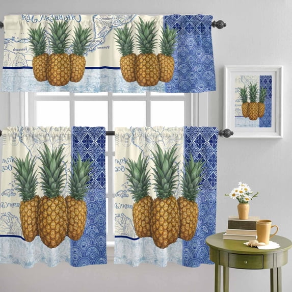 Vintage Pineapple Blue Flower Porcelain Curtain Tier and Valance Set 3 Piece, Summer Plant 3-inch Rod Pocket Window Tier Curtains Valance for Kitchen Living Room