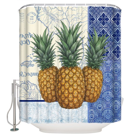 Vintage Pineapples Bathroom Shower Curtains with 12 Hooks Polyester Waterproof Shower Curtain for Stalls and Bathtubs Geometric Navy Blue Retro Art Decorative Bathroom Privacy Curtain 36x72 Inches