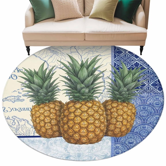 Vintage Pineapples Round Rug 7ft Washable Circle Rugs Non Slip Geometric Navy Blue Retro Art Large Area Rug Indoor Floor Carpet for Bedroom Kitchen Living Room Home Office Dining Room Nursery