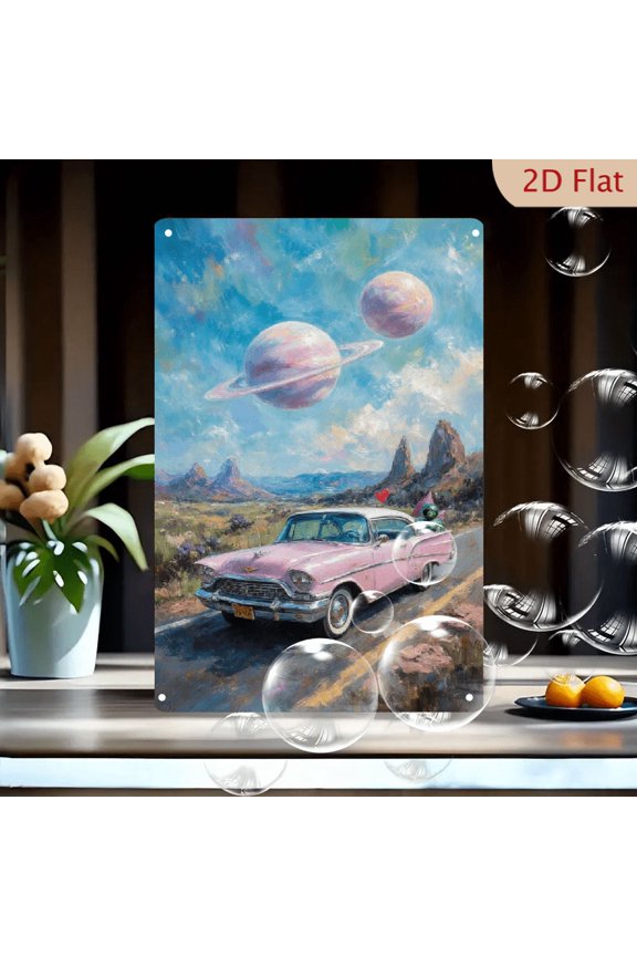 Vintage Pink 1950s Car with Green Alien on Road Through Desert Canyon, Red Rock Formations, Ringed Planets in Blue Purple Sky, Surreal Americana Sci-Fi Wall Art Metal Tin Sign for Home Decor, 8x12 In