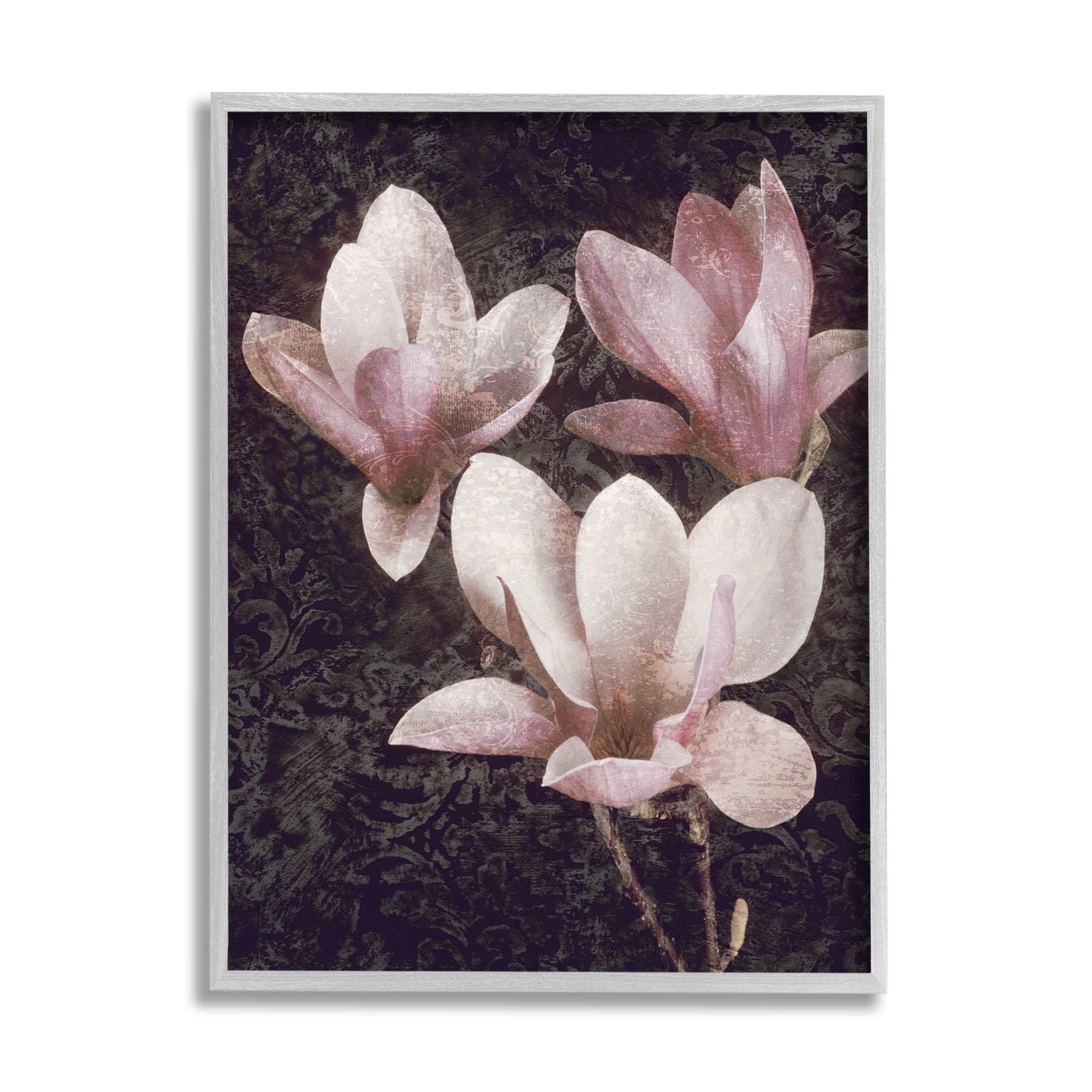 Vintage Pink Blooms Damask Pattern Botanical & Floral Graphic Art Gray Framed Art Print Wall Art