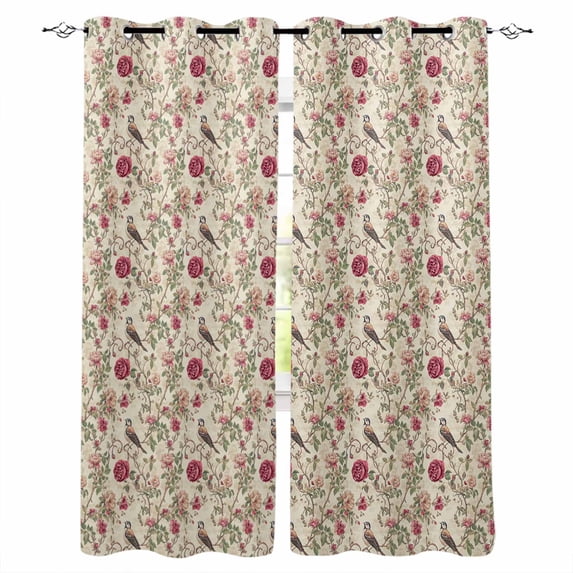 Vintage Pink Botanical Blackout Curtains for Bedroom/Living Room, Thermal Insulated Kitchen Curtains, Spring Floral Summer Birds Grommet Darkening Window Treatment Drapes 42"x63"x2
