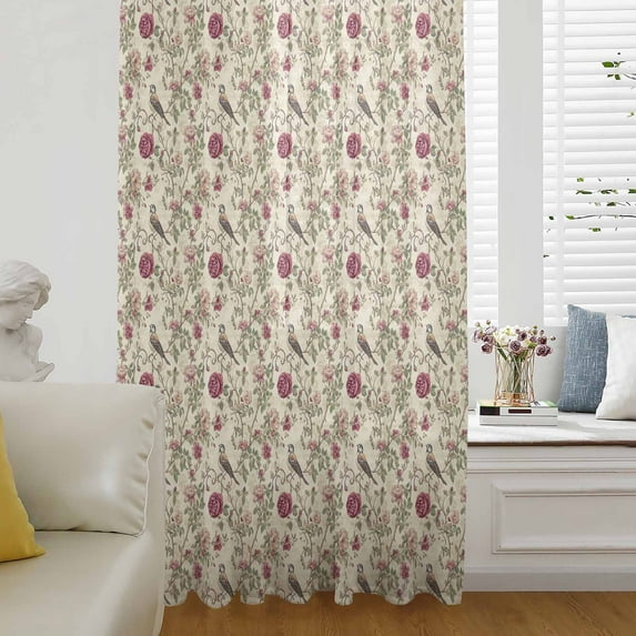 Vintage Pink Botanical Semi Sheer Curtains Drapes for Living Room, Bedroom, French Doors Window 63 Inches Long, Spring Floral Summer Birds Rod Pocket Chiffon Curtain Drapery Voile Draperies Panel
