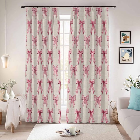 Vintage Pink Bow Blackout Curtains for Bedroom/Living Room, Pinch Pleated Black Out Curtains, Beige Retro Art Aesthetic Room Darkening Window Drapes with Hooks 2 Panels, 59"x70"