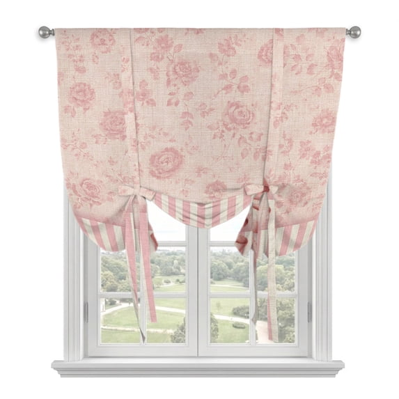 Vintage Pink Bow Tie Up Curtains for Windows, Adjustable Balloon Window Shades, Farmhouse Roses Floral Stripes Kitchen Window Treatments Adjustable Roll Up Curtain for Basement/Nursery 52"x45"