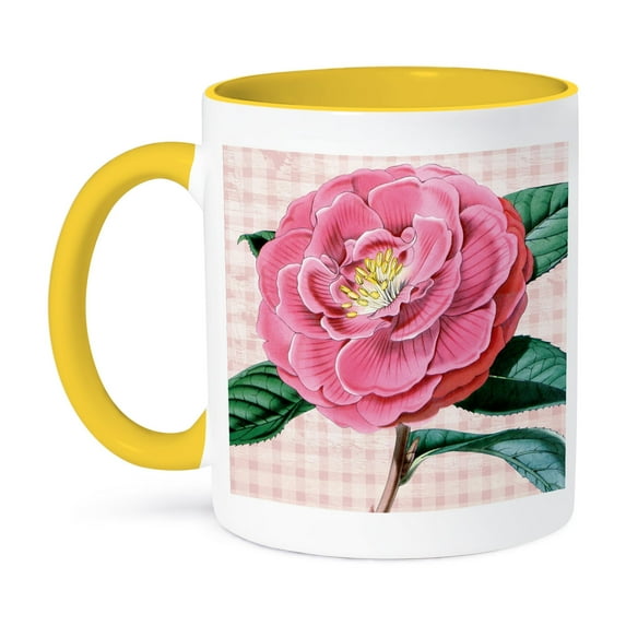 Vintage Pink Camelia Flower, 11oz Two-Tone Yellow Mug
