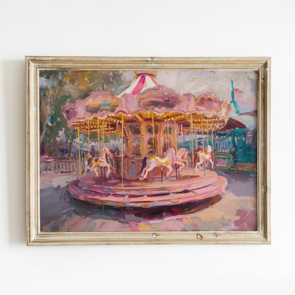 Vintage Pink Carousel Girly Wall Art Retro Theme Park Painting Preppy Room Decor Pink Nursery Art