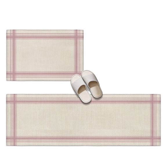 Vintage Pink Checkered 2 Pieces Non-Slip Kitchen Mat Set, Country Rustic Minimalist Farmhouse Grid Soft Door Mat with Rubber Backing, Dirtproof Rugs for Entrance Doorway, 19.7x31.5in+19.7x47.2in
