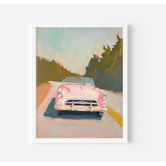 Vintage Pink Corvette Art Poster Retro Car Landscape , Acrylic , still life, Unframed Poster Size 16x24 F03.1.19l734