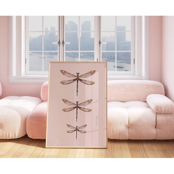 Vintage Pink Dragonfly Art Poster Retro Insect Wall Decor, 8x12 UNFRAMED