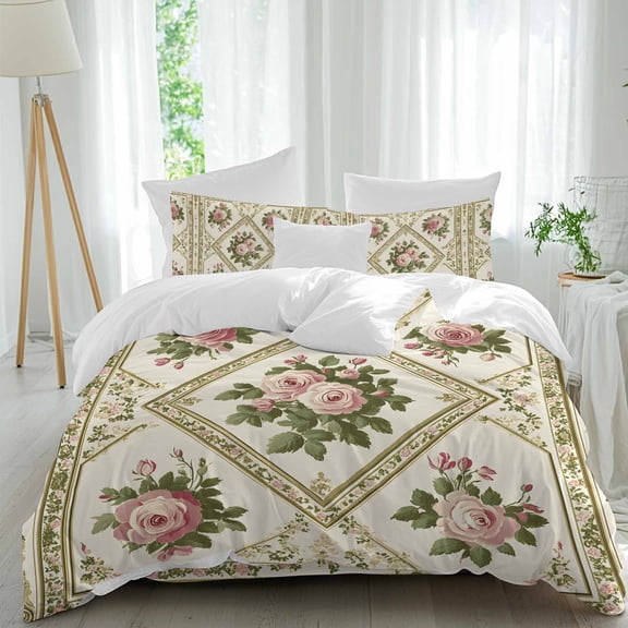 Vintage Pink Duvet Cover Set Queen Size, Rose Leaf Floral Green Argyle Frame Farmhouse 4 Piece Soft Microfiber Bedding Set with 1 Duvet Cover, 1 Flat Sheet, 2 Pillowcases