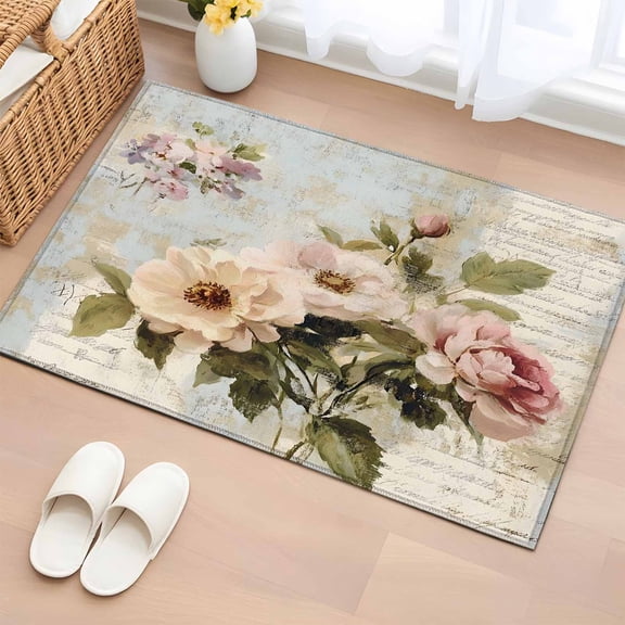 Vintage Pink Floral Bathroom Rug Washable 2x3 Entryway Rug Non Slip Spring Botanical Oil Painting Front Door Mat Low Pile Indoor Doormat Throw Floor Carpet for Kitchen Bedroom Entrance
