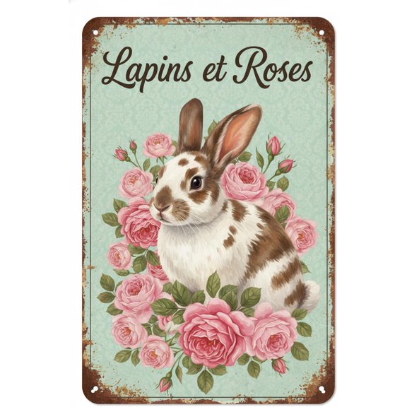 Vintage Pink Floral Bunny Tin Sign Retro Easter Rabbit Spring Wall Decor for Farmhouse Home Kitchen Bedroom Office Bar Cafe Living Room Garden 8x12 inch