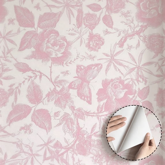 Vintage Pink Floral Butterfly Wallpaper, Boho Toile Style Peel and Stick Waterproof Wall Decoration for Bedroom Living Room Kitchen Cabinet Drawer 17.7 * 118 in Removable Contact Paper