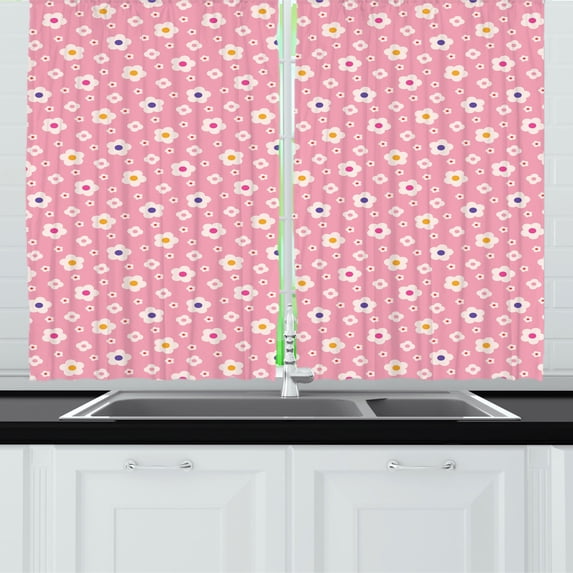 Vintage Pink Floral Kitchen Curtains, Retro Hippie Continuous Daisy Flowers Colorful Chamomile Spring, Two Panels Drapes with Rod Pocket Room Decor, 55" X 45", Blush Multicolor, by Ambesonne