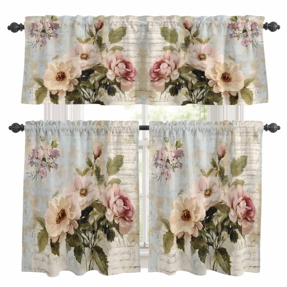 Vintage Pink Floral Kitchen Curtains Valances and Tiers Set of 3 Spring Flower Botanical Oil Painting Style Tier Curtains and Valance with Rod Pocket for Small Windows, 27.5"x24"