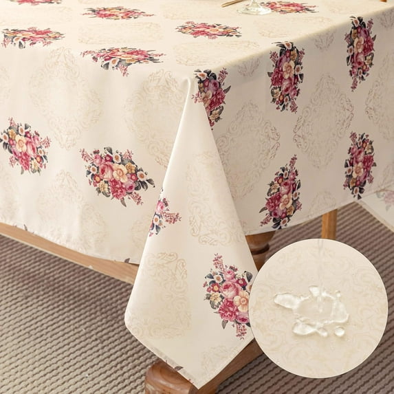 Vintage Pink Floral Rectangle Tablecloth Shabby Chic Flower Table Cloth Spring Table Cover Waterproof for Dinner Kitchen Picnic, Beige, 60x120 Inches