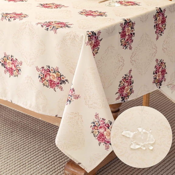 Vintage Pink Floral Rectangle Tablecloth Shabby Chic Flower Table Cloth Spring Table Cover Waterproof for Dinner Kitchen Picnic, Beige, 60x120 Inches
