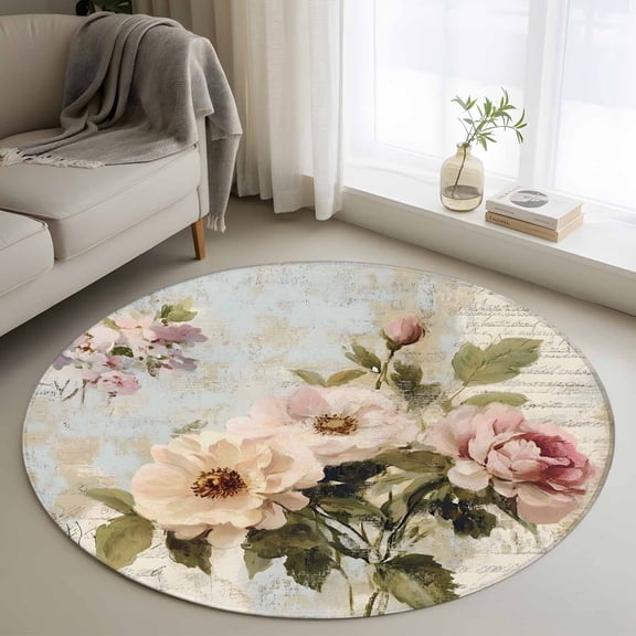 Vintage Pink Floral Round Rug 3ft Washable Circle Entryway Rugs Non Slip Spring Botanical Oil Painting Area Rug Indoor Floor Carpet for Bedroom Kitchen Living Room Home Office Dining Room Nursery