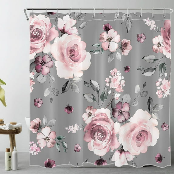 Vintage Pink Floral Shower Curtain for Bathroom, Modern Farmhouse Retro Watercolor Flower with Leaf on Grey Background Shower Curtain with Hooks,Spring Plant Bathroom Curtains Shower Set, 72x78 inches