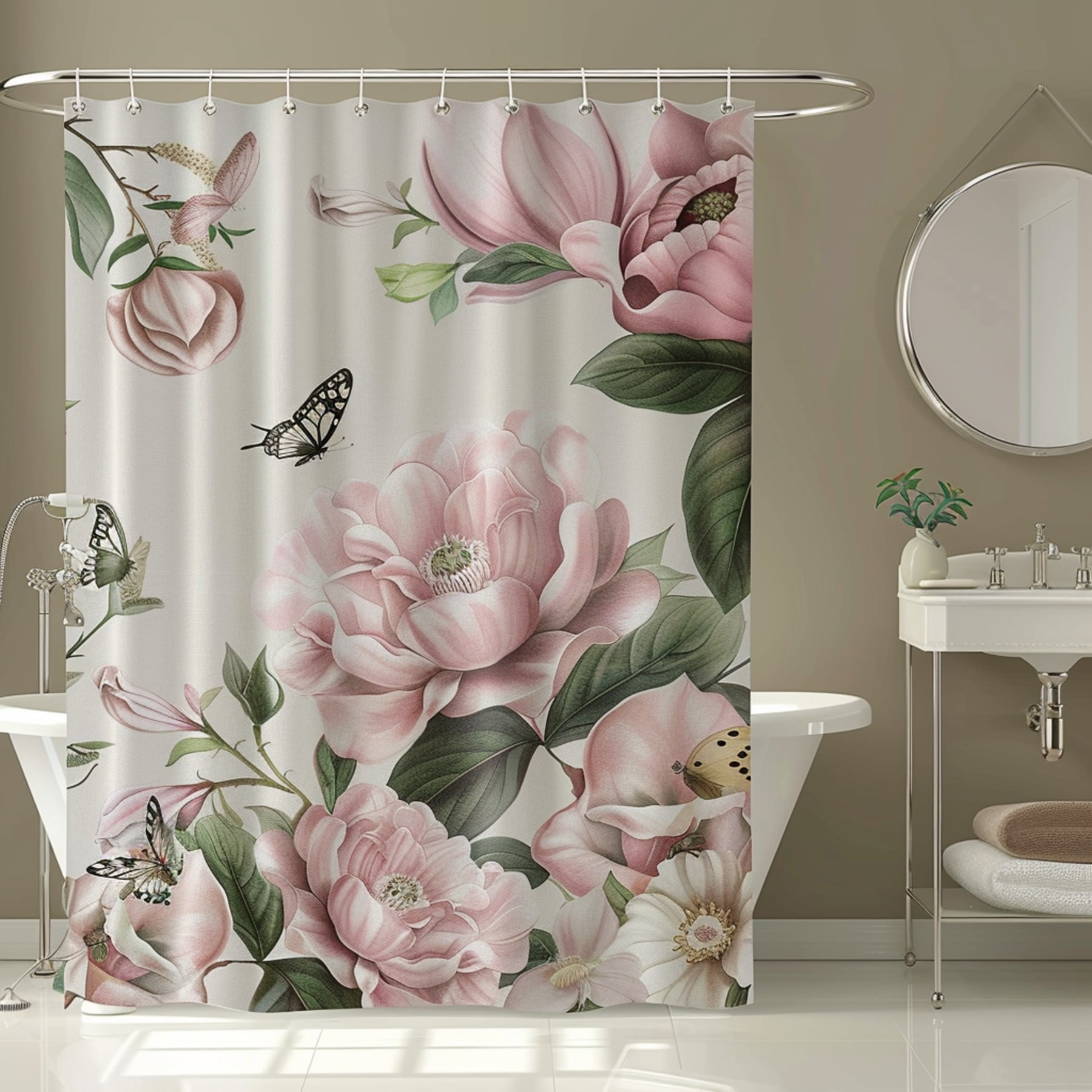 Vintage Pink Floral Shower Curtain with Butterflies and Roses Romantic ...