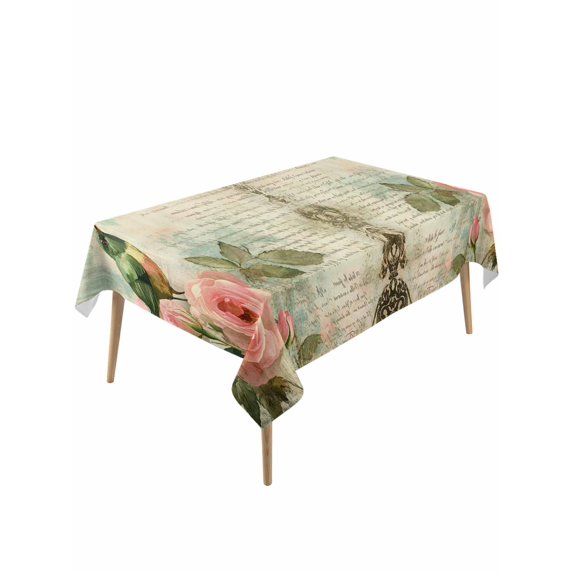 Vintage Pink Floral Table Cloth, Waterproof Tablecloth for Rectangle Tables, Birds Retro Mottled Middle Century Reusable Washable Fabric Table Cover for Restaurant Kitchen Dining Tables 60"x120"