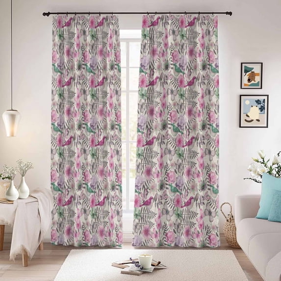 Vintage Pink Flower Blackout Curtains for Bedroom/Living Room, Pinch Pleated Black Out Curtains, Spring Floral Leaves Pastoral Birds Plants Room Darkening Window Drapes with Hooks 2 Panels, 59"x70"