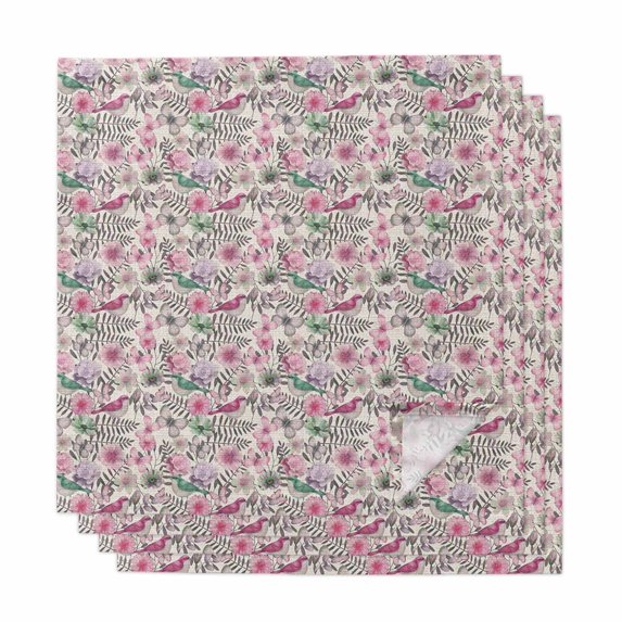 Vintage Pink Flower Cloth Napkins, Spring Floral Leaves Pastoral Birds Plants Washable and Reusable Dinner Napkins Set of 4, Table Napkin for Kitchen Party Birthday Wedding Hotel Housewarming 20"x20"