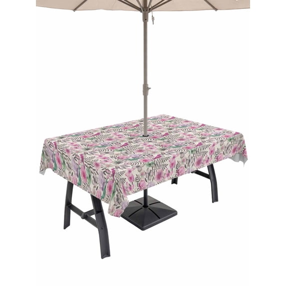 Vintage Pink Flower Outdoor Tablecloth - 60x84 Inch Rectangle Dining Table Cover, Spring Floral Leaves Pastoral Birds Plants Waterproof Outdoor Table Cloth with Umbrella Hole & Zipper for Patio